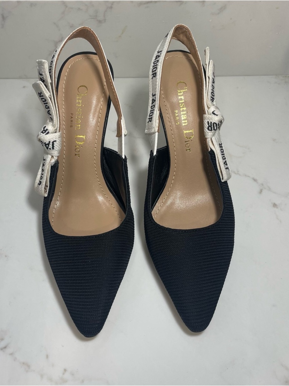 Dior Black Pointed Slingback Heels with White J'Adior Ribbon - Picture 2 of 5